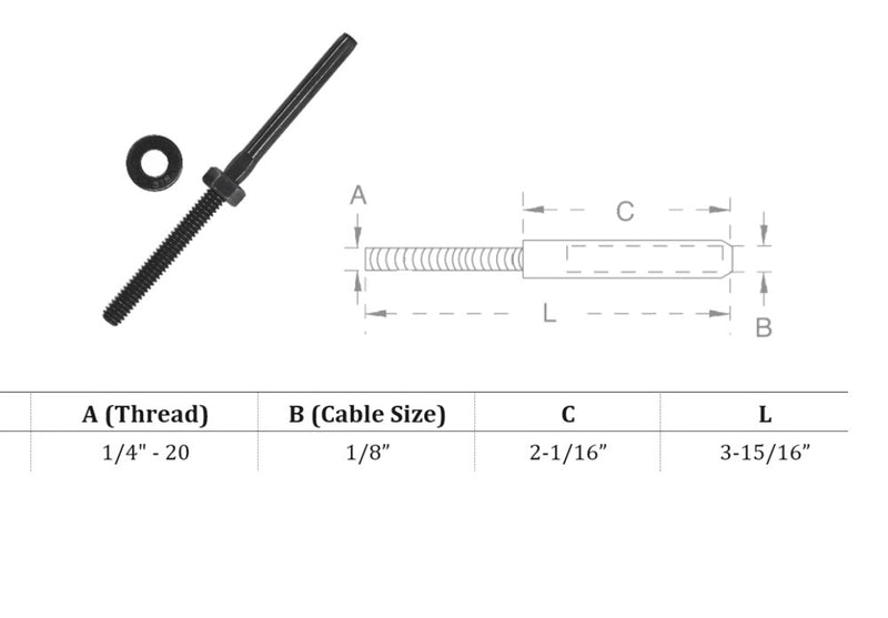 Black Oxide T316 SS Hand Swage Wrench Flat Stud 1/4"-20 Thread For 1/8" Cable