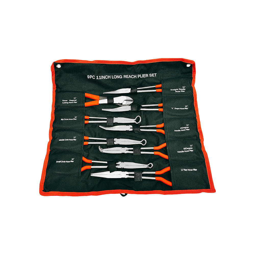 9 Pc 11" Long Nose Plier Set Long Reach Circle Bent Needle Nose Diagonal Cutter