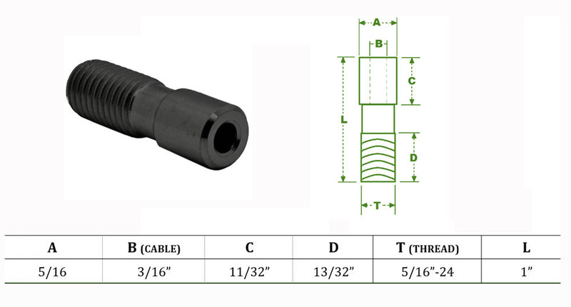 SS T316 UNF 5/16'' Streamline Stud For 3/16'' Cable Molybdenum Disulfide Coating