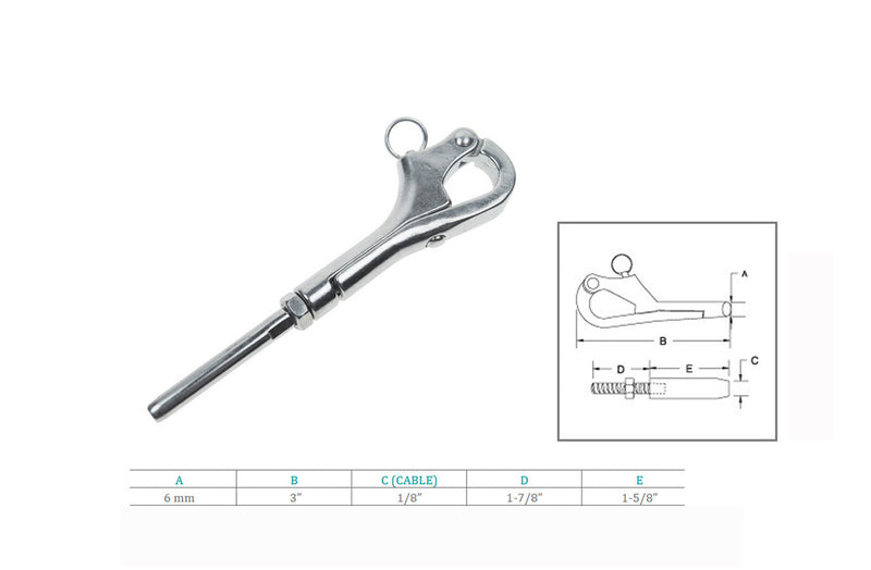 Marine Stainless Steel T316 3" Pelican Hook For 1/8" Cable Wire Boat Shackle