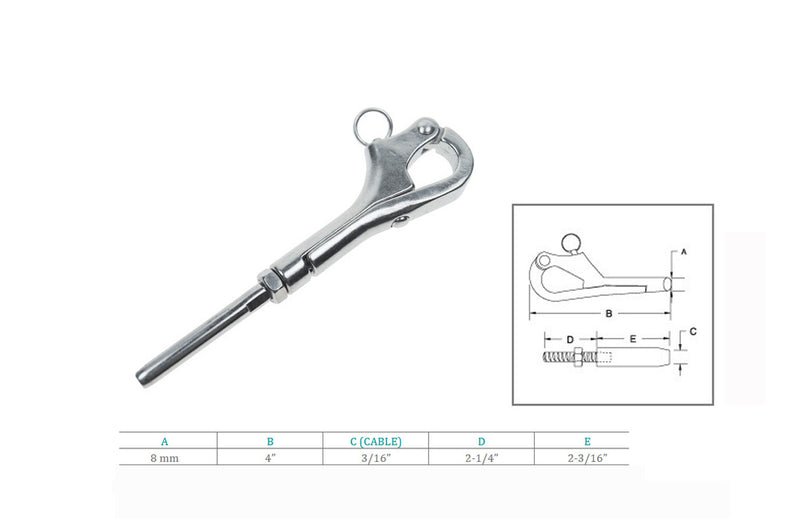 Marine Stainless Steel T316 4" Pelican Hook For 3/16" Cable Wire Boat Shackle
