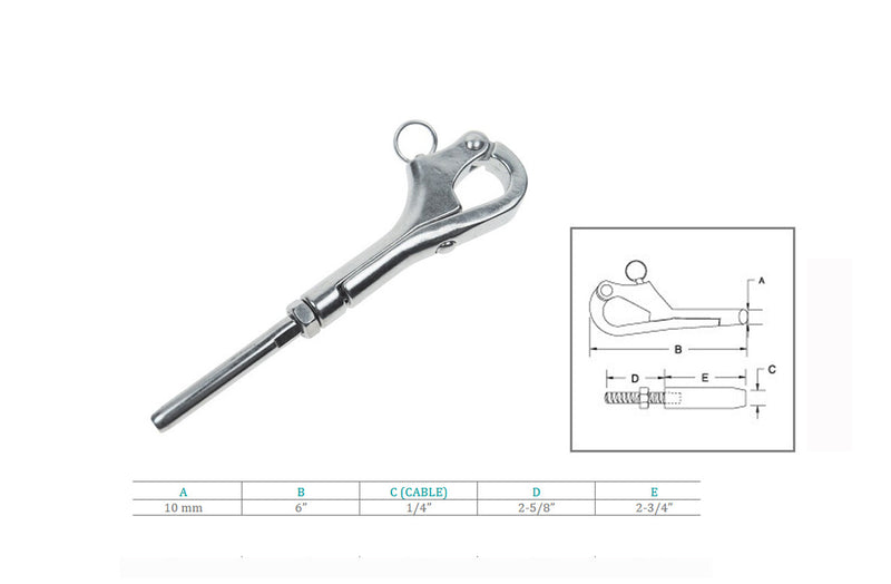 Marine Stainless Steel T316 6" Pelican Hook For 1/4" Cable Wire Boat Shackle