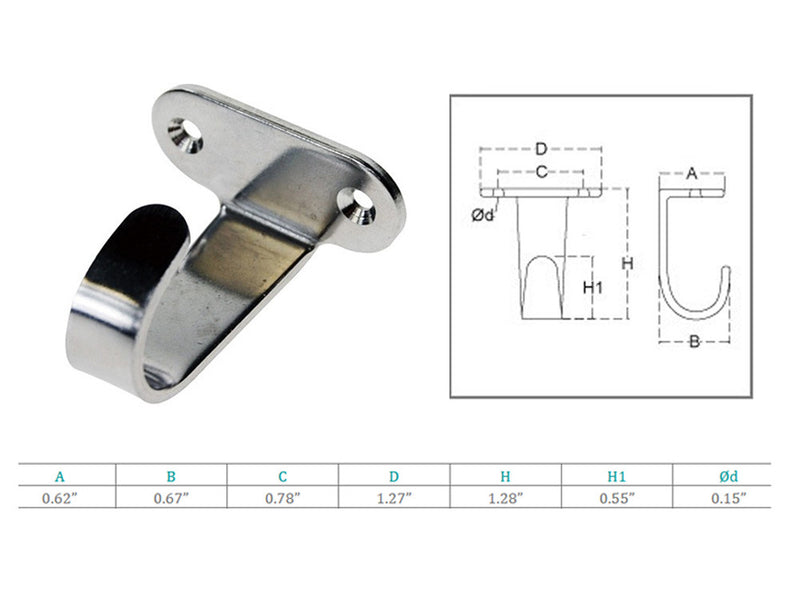 Marine Boat Stainless Steel T316 1-1/4"H Top Mount Flat Hook SS Single Hook