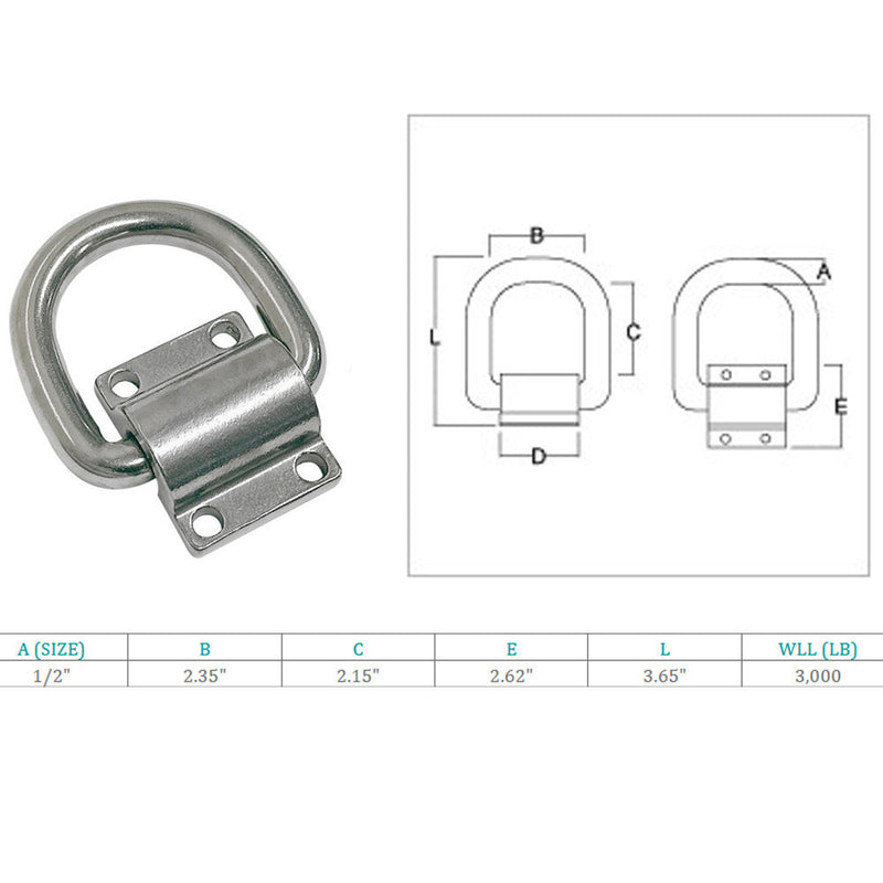 Marine Boat Stainless Steel T316 1/2" Bolt-On Lashing Ring D-Ring Anchor Ring