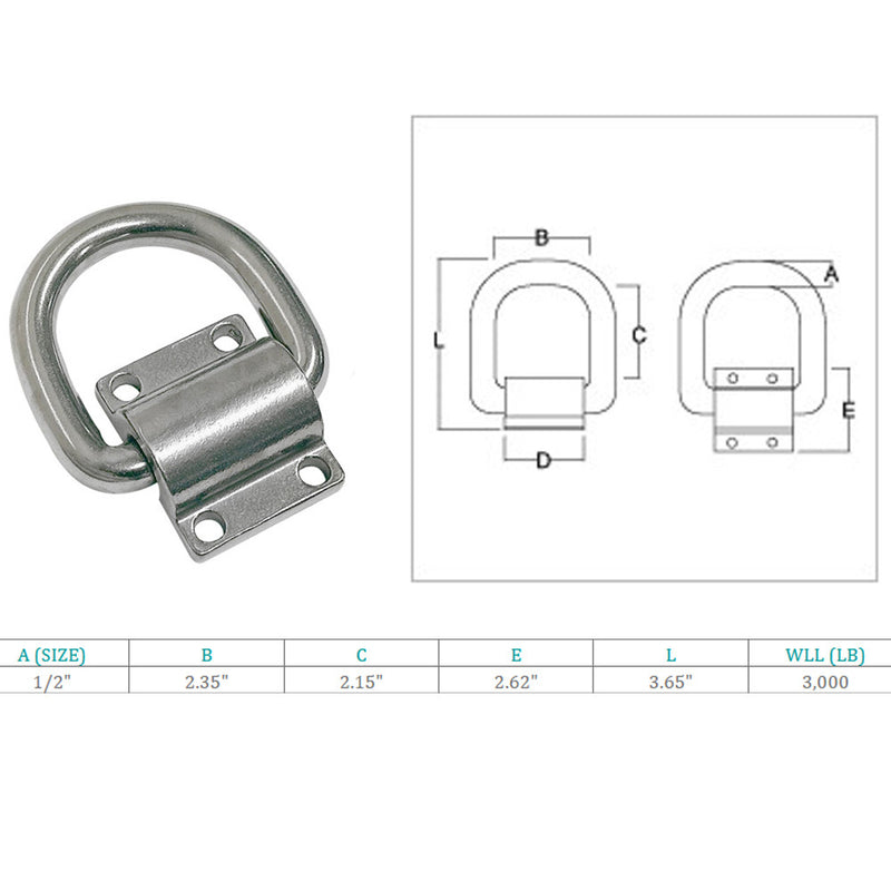 4Pc Marine Boat Stainless Steel 316 1/2" Bolt-On Lashing Ring D-Ring Anchor Ring