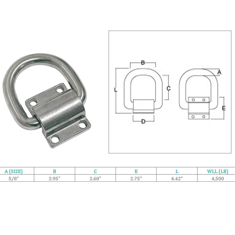 Marine Boat Stainless Steel T316 5/8" Bolt-On Lashing Ring D-Ring Anchor Ring