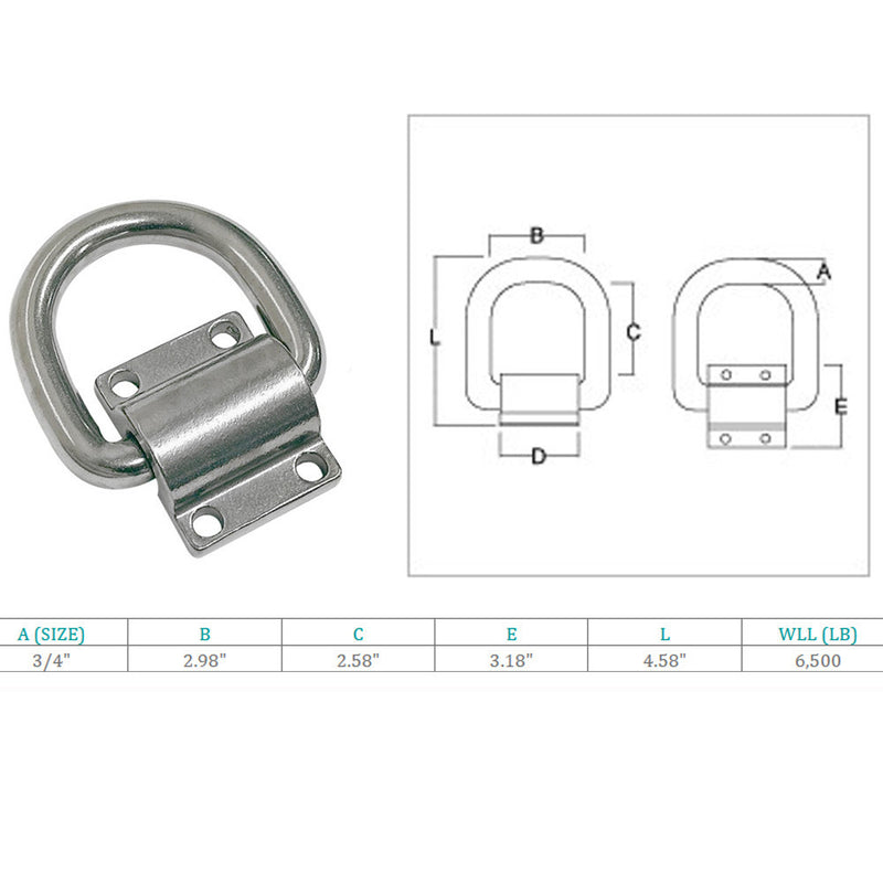 4Pc Marine Boat Stainless Steel 316 3/4" Bolt-On Lashing Ring D-Ring Anchor Ring