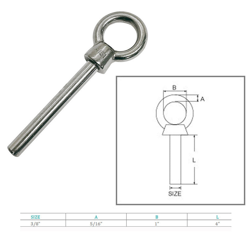 Marine Boat Stainless Steel 3/8"x4" Shoulder Eye Bolt Non Thread Eye Rivet Bolt