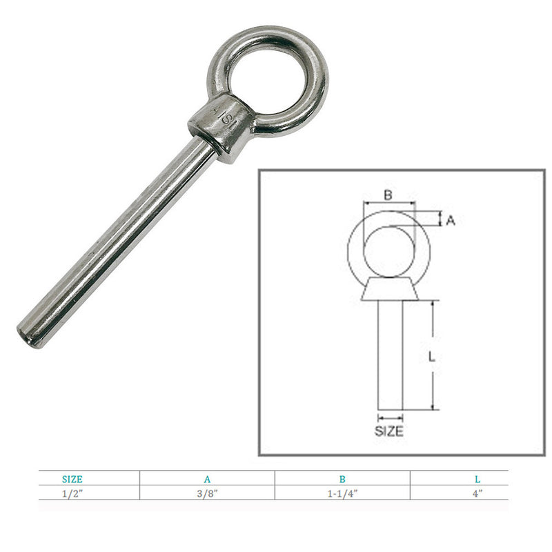 Marine Boat Stainless Steel 1/2"x4" Shoulder Eye Bolt Non Thread Eye Rivet Bolt