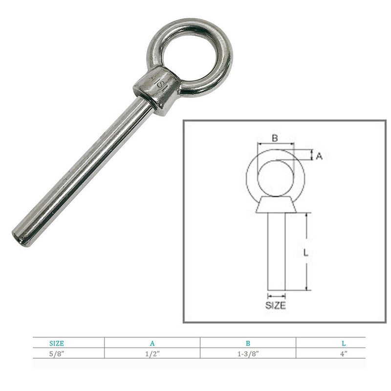 10 Pc Marine Stainless Steel 5/8"x4" Shoulder Eye Bolt Non Thread Eye Rivet Bolt