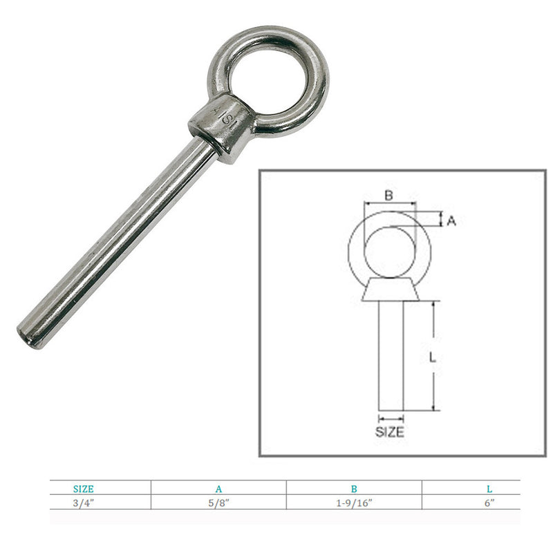 Marine Stainless Steel 3/4" x 6" Shoulder Eye Bolt Non Thread Eye Rivet Bolt