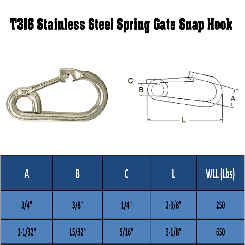 Stainless Steel T316 Marine Boat Spring Snap Type Harness Clip 1/4", 5/16" | PACK 5 |