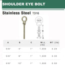 Stainless Steel T316 Marine Shoulder Eye Bolt Fully Threaded 4" 6" 12"