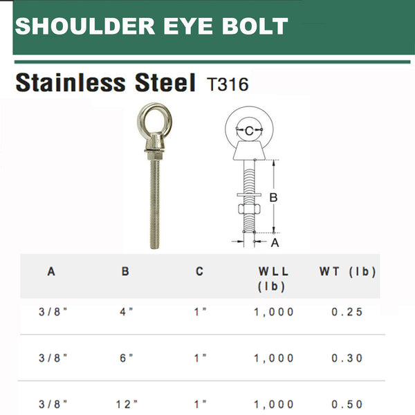 Stainless Steel T316 Marine Shoulder Eye Bolt Fully Threaded 4" 6" 12"