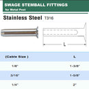 Stainless Steel Swage Stemball Fittings for METAL POST 1/8", 3/16", 1/4" Cable Size