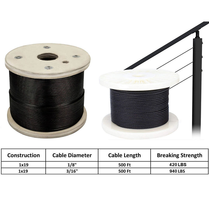 500Ft 316 Stainless Steel 1x19 Construction Cable Wire Rope,1/8", 3/16" Diameter