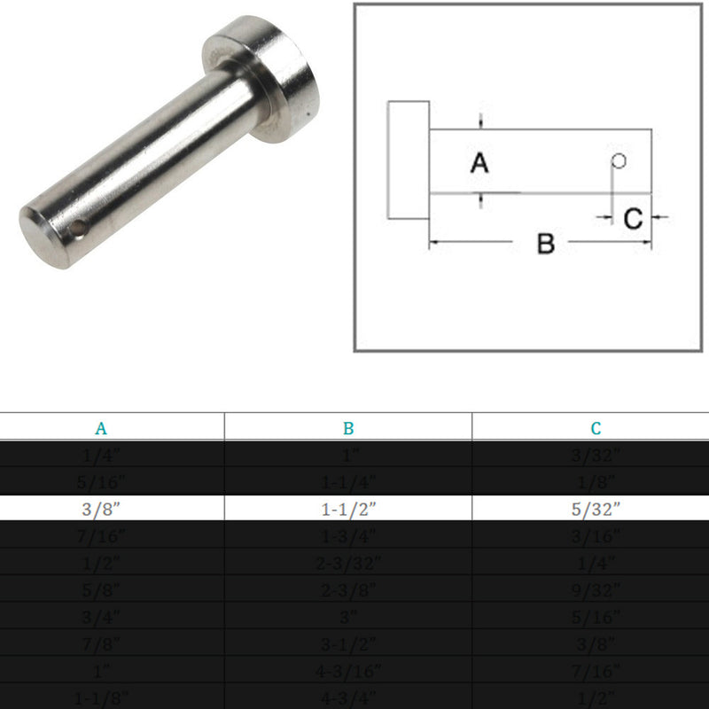 Marine Boat Stainless Steel 3/8" Clevis Pin Round Pin Hitch Yacht Sailing