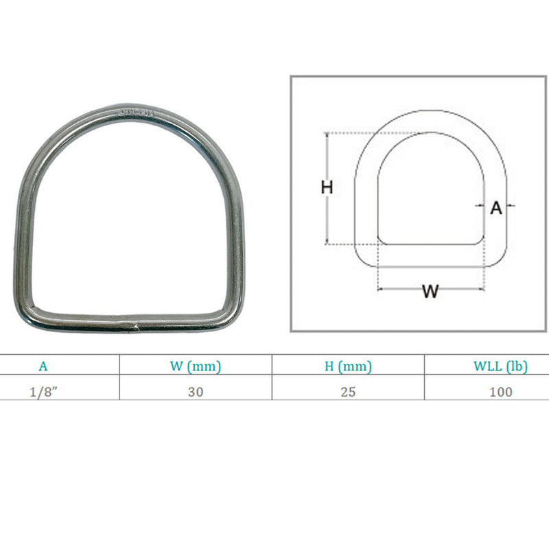 4 Pc Marine Stainless Steel 1/8" D-Ring 100 WLL D Ring Yacht Sailing hardware