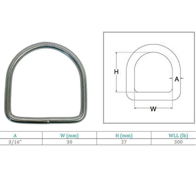 4 Pc Marine Boat Stainless Steel 3/16" D-Ring 300 WLL D Ring Yacht Sailing