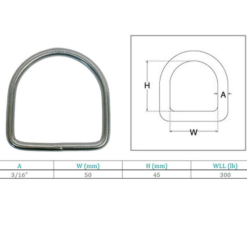 45mm Height Marine Boat Stainless Steel T316 3/16" D-Ring 300 WLL D Ring Yacht