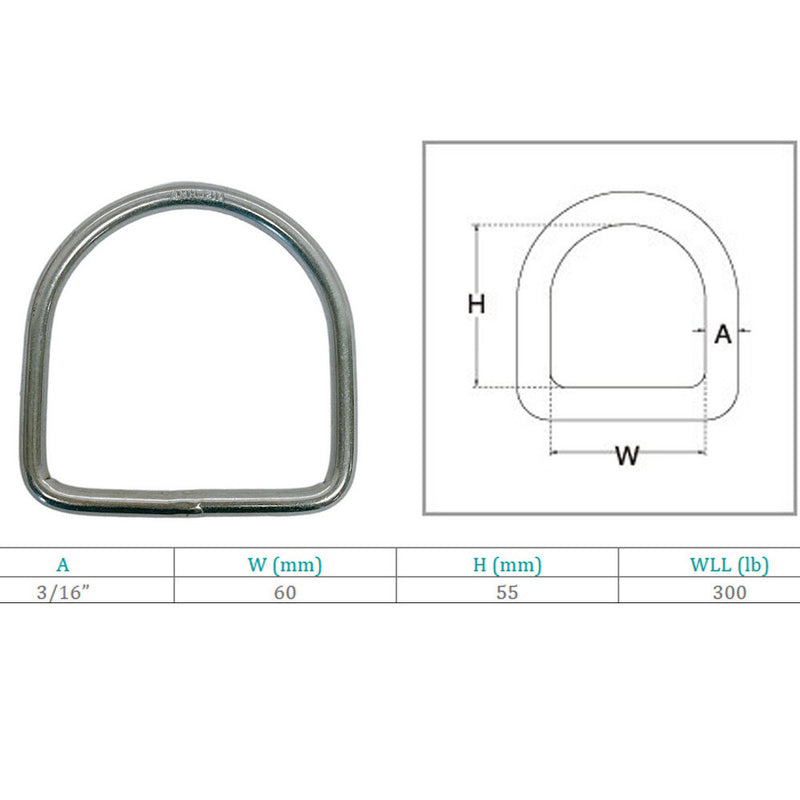 4 Pc 55mm Height Marine Stainless Steel T316 3/16" D-Ring 300 WLL D Ring Yacht