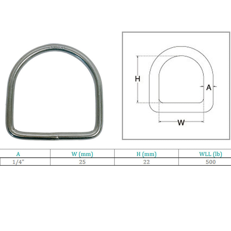 22mm Height Marine Boat Stainless Steel 1/4" D-Ring 500 WLL D Ring Yacht