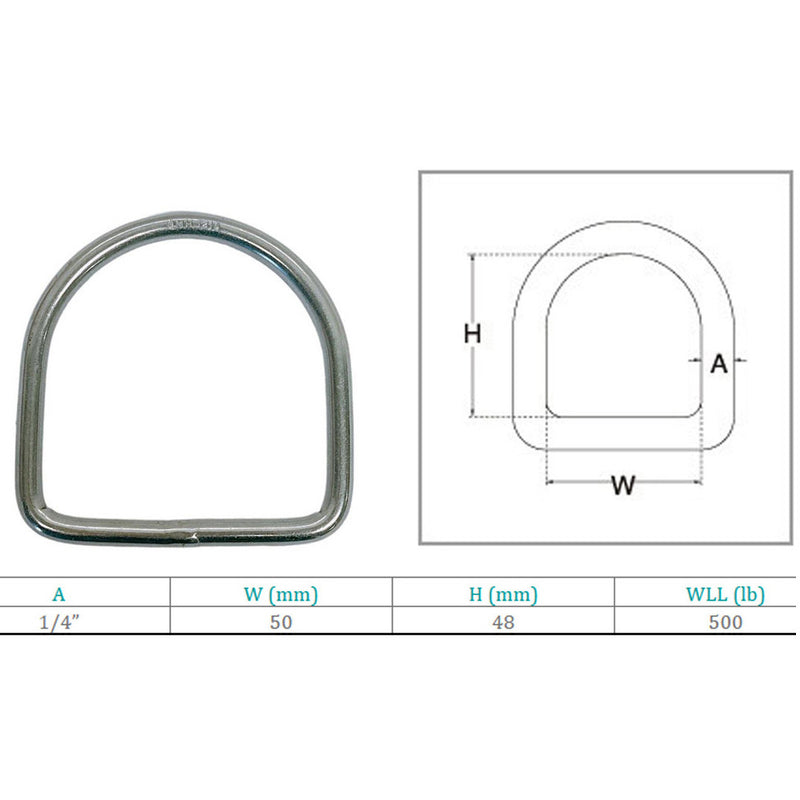 48mm Height Marine Boat Stainless Steel T316 1/4" D-Ring 500 WLL D Ring Yacht