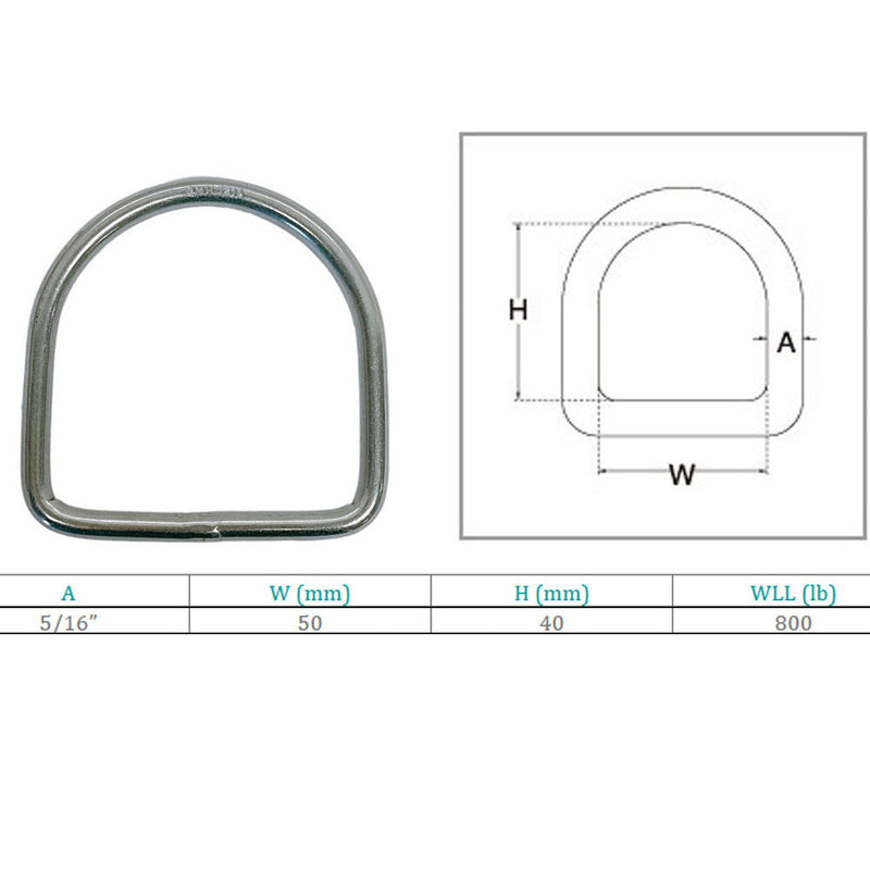 4 Pc 40mm Height Marine Boat Stainless Steel 5/16" D-Ring 800 WLL D Ring Yacht