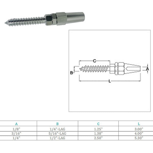 Marine Boat Stainless Steel Swageless Lag Stud Cable Rail Wire Rope Railing