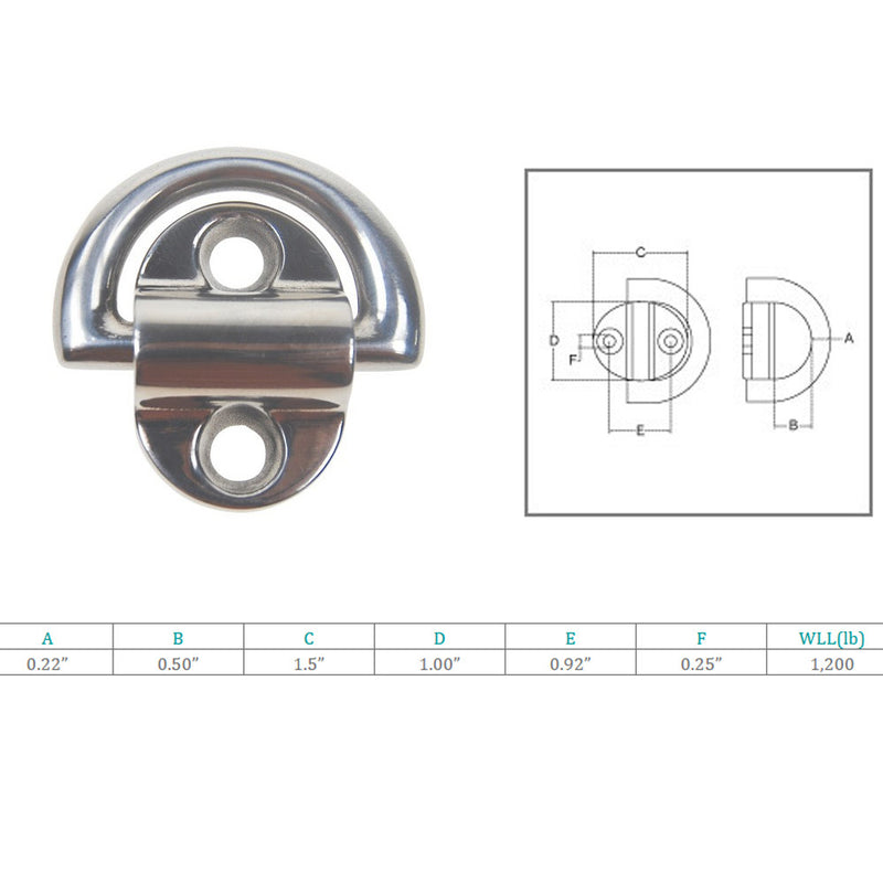 Marine Boat Stainless Steel T316 3/16" Folding Pad Eye D Ring Rigging Lifting