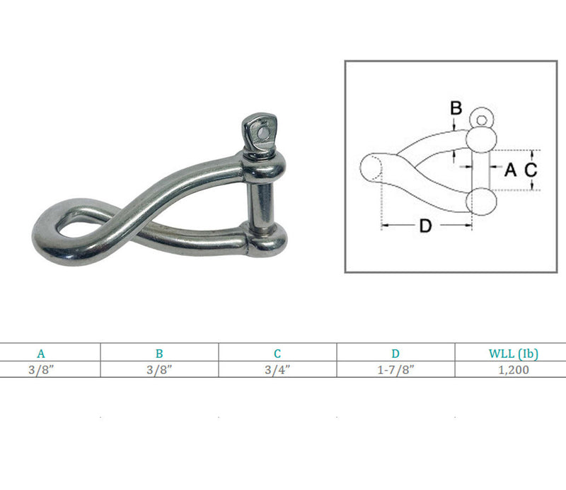 Marine Boat Stainless Steel T316 3/8" Twisted Shackle Screw Pin 1200 Lbs WLL
