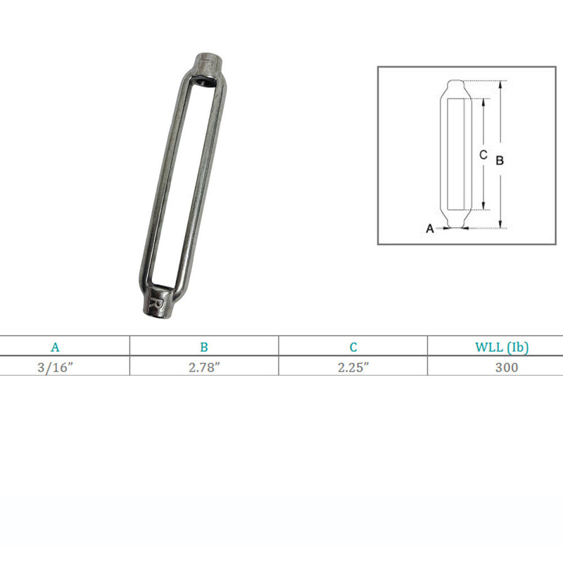 Marine Boat Stainless Steel T316 3/16" x 2-1/4" Turnbuckle Body 300 Lbs WLL