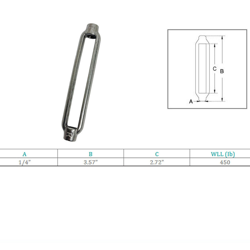 Marine Boat Stainless Steel T316 1/4" x 2-3/4" Turnbuckle Body 450 Lbs WLL