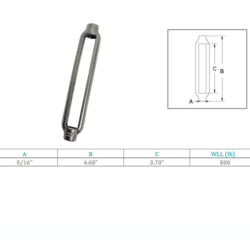 Marine Boat Stainless Steel T316 5/16" x 3-5/8" Turnbuckle Body 800 Lbs WLL