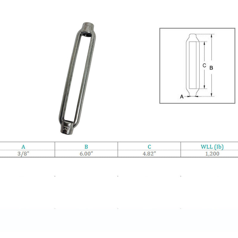 Marine Boat Stainless Steel T316 3/8" x 4-7/8" Turnbuckle Body 1200 Lbs WLL