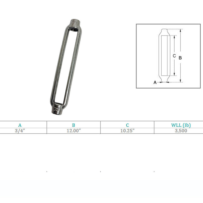 Marine Boat Stainless Steel T316 3/4" x 10-1/4" Turnbuckle Body 3500 Lbs WLL