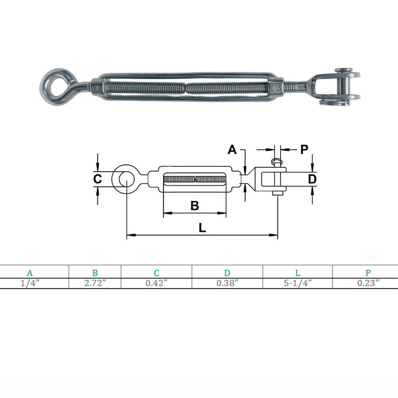 Marine Boat Stainless Steel 1/4" x 2-3/4" Jaw Eye Turnbuckle 450 Lbs WLL