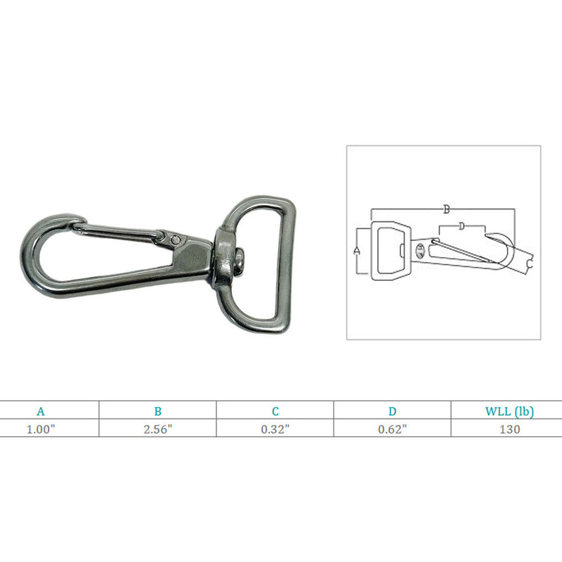 Marine Stainless Steel 1" Bimini Snap Hook Fastener Swivel Bimini Hook 130 WLL