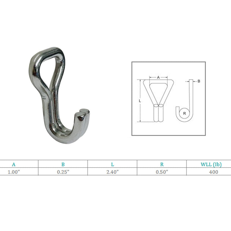 Marine Boat Stainless Steel T304 1" J Web Hook 400 Lbs WLL Webbing Hook Rigging