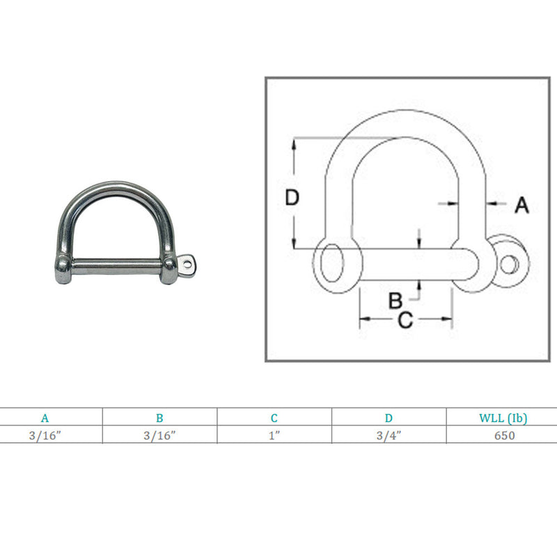 Marine Boat Stainless Steel T316 3/16" Wide D Shackle Screw Pin 650 Lbs WLL Pin