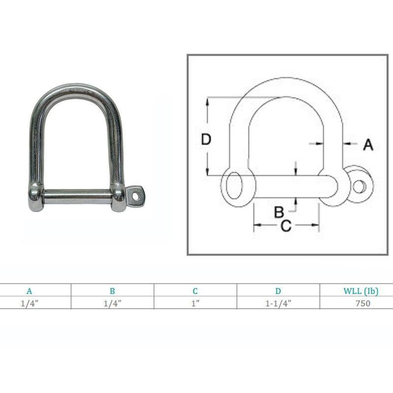 4 Pc Marine Boat Stainless Steel T316 1/4'' Wide D Shackle Screw Pin 750 Lbs WLL