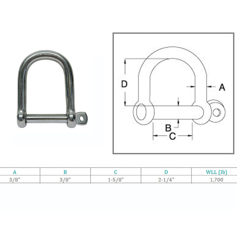 Marine Boat Stainless Steel T316 3/8" Wide D Shackle Screw Pin 1,700 Lbs WLL