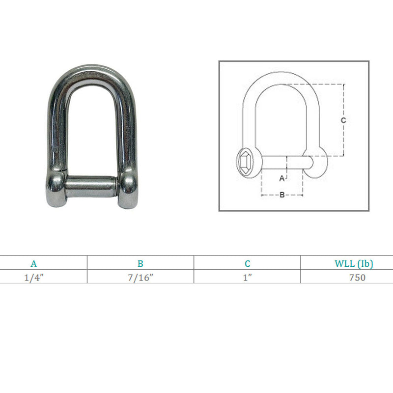 Marine Boat Stainless Steel T316 1/4" D Shackle Hex Sink Screw Pin 750 Lbs WLL