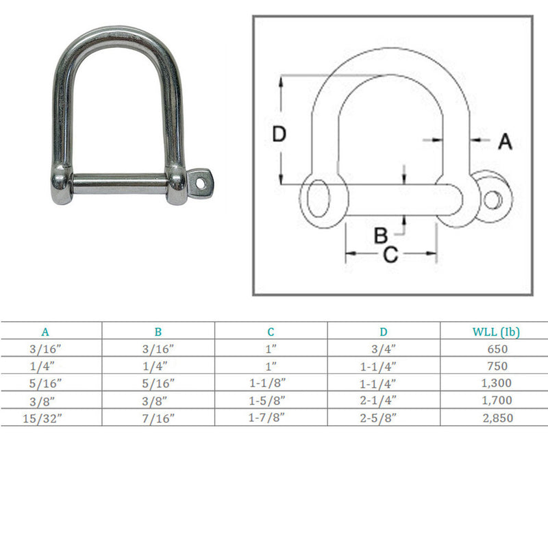 Marine Boat Stainless Steel T316 Wide D Shackle with Screw Pin