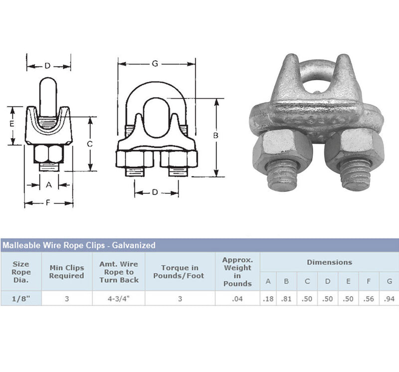 Marine Galvanized Drop Forged Wire Rope Clip Cable Clamp 1/8", 3/16", 1/4", 5/16", 3/8", 1/2"