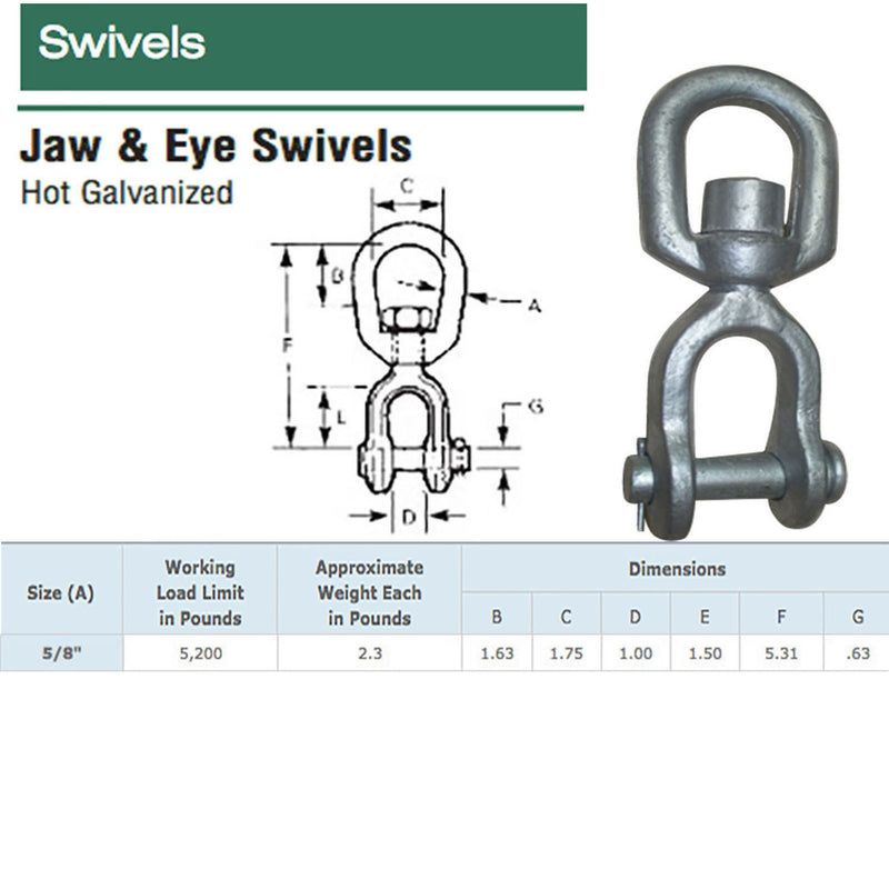 1/4", 5/16", 3/8", 1/2", 5/8", 3/4", 1" Galvanized JAW EYE Marine Mooring Swivel