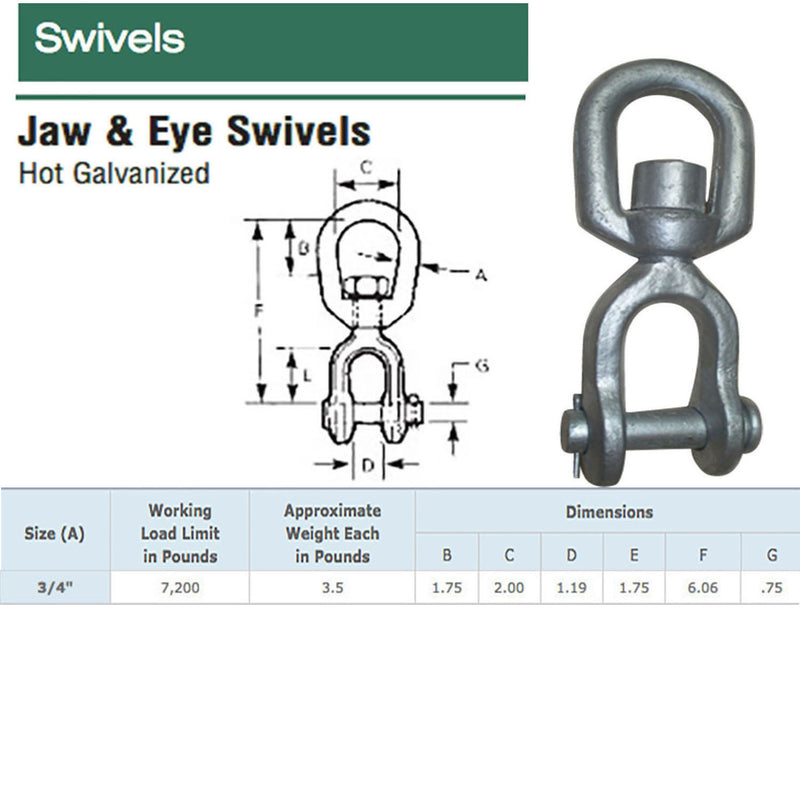 1/4", 5/16", 3/8", 1/2", 5/8", 3/4", 1" Galvanized JAW EYE Marine Mooring Swivel