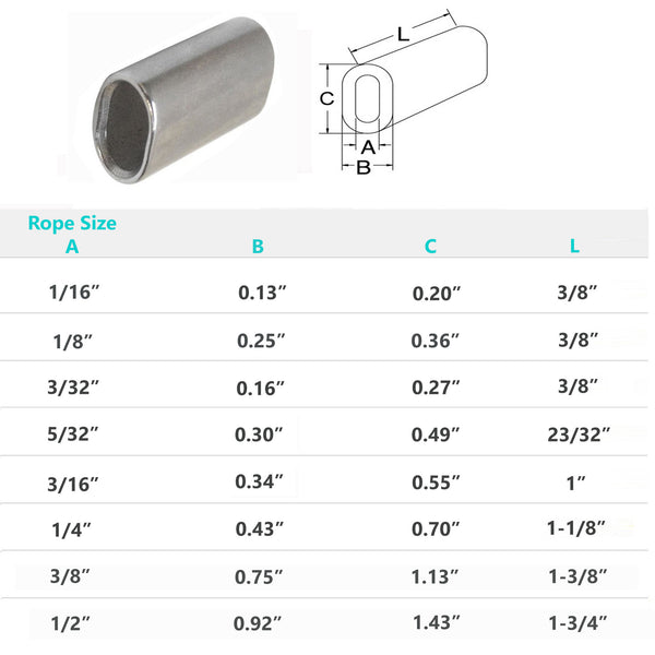 Stainless Steel Wire Rope Oval Sleeves With Chamfer 1/16", 1/8", 3/32", 5/32", 3/16", 1/4", 3/8", 1/2"