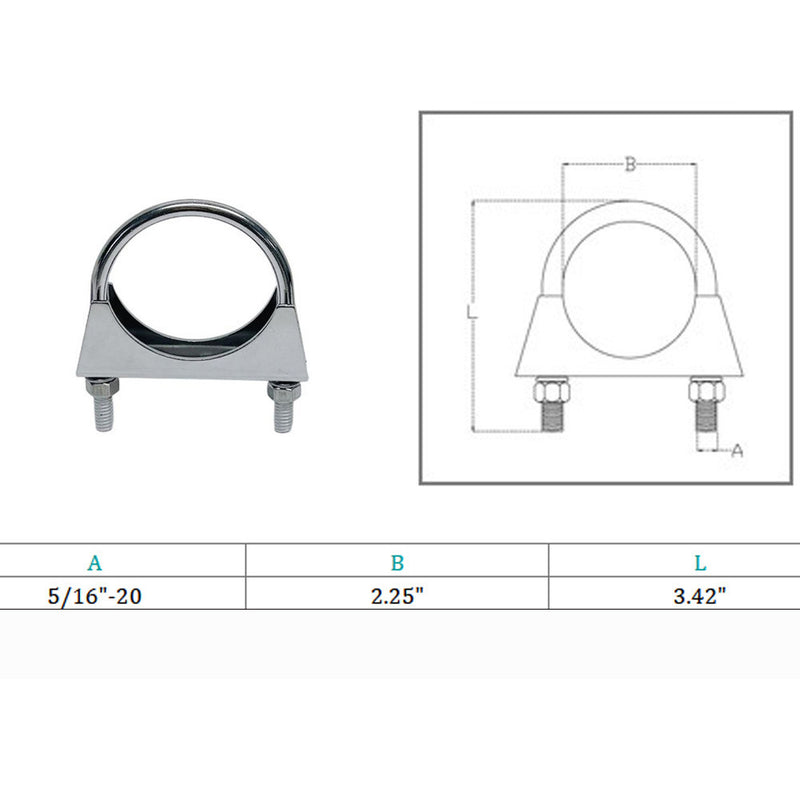 Marine Stainless Steel T316 Round U-Bolt Exhaust Clamp 2-1/4" Pipe U Bolt Clamp