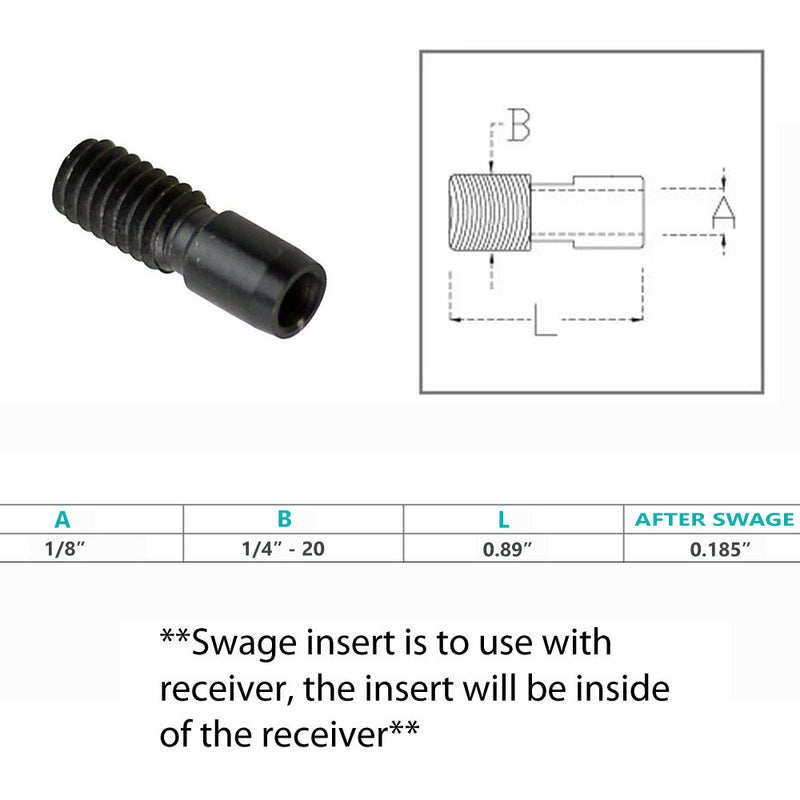 Stainless Steel T316 Black Oxide 1/4"-20 Swage Insert For 1/8" Cable Wire Rope